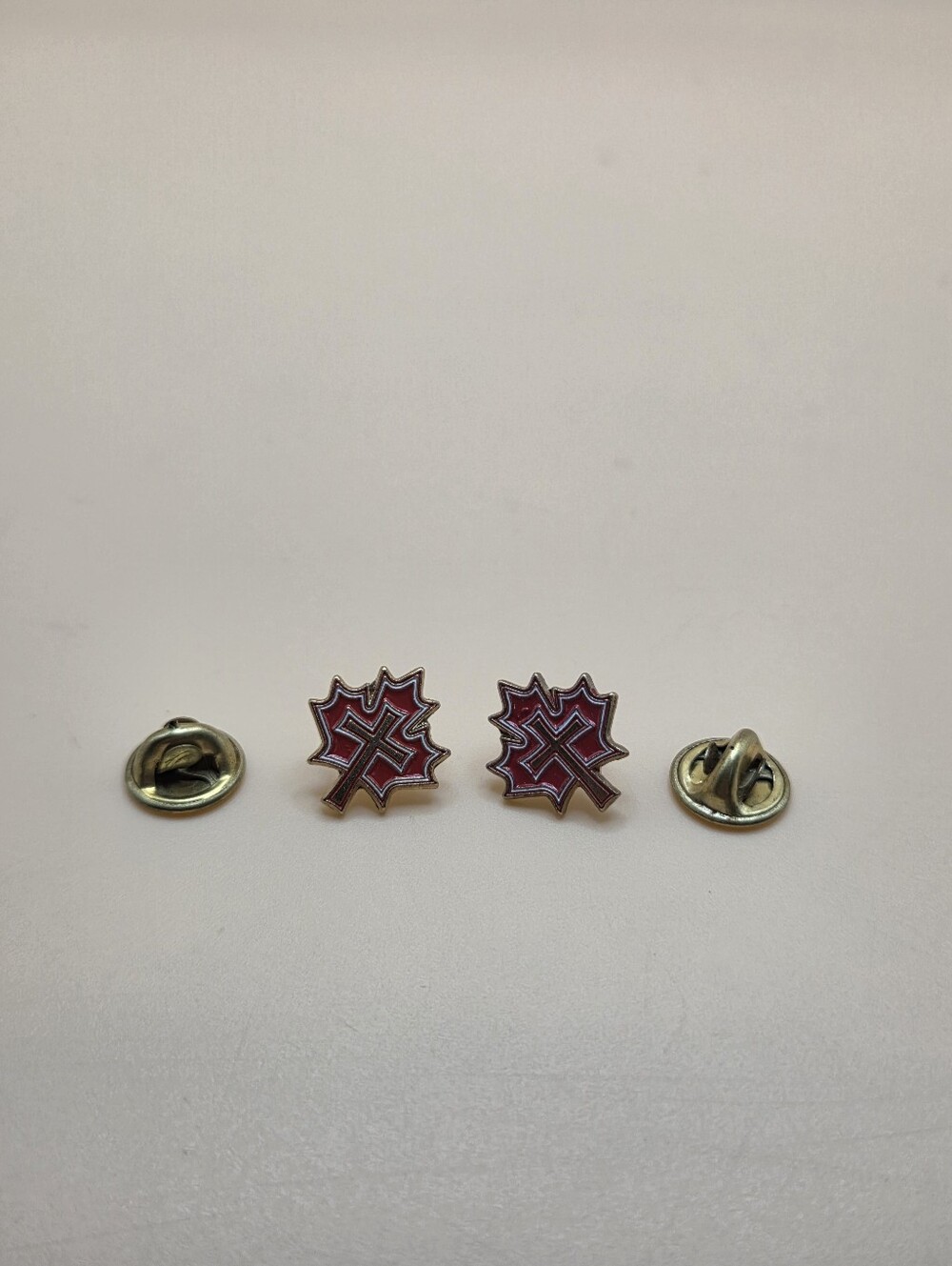 Vintage Canadian Maple Leaf Enamel Lapel Pins Pair Lot Of 2 - Red & Gold Tone